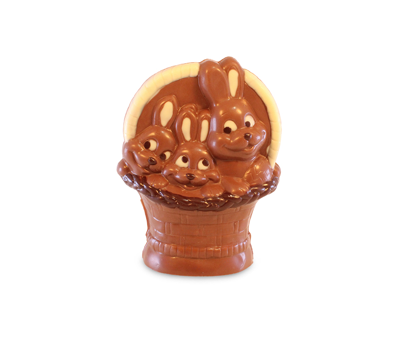 Hasenfamilie im Korb aus Vollmilchschokolade, 38% Kakao