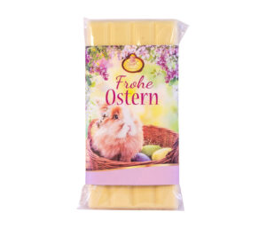 90g-Tafel "Frohe Ostern" Joghurt mit Erdbeerstückchen in weißer Schokolade, 38% Kakao