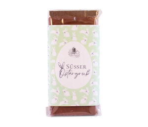 90g-Tafel "Süßer Ostergruß" Vollmilchschokolade mit Eierlikör, 38% Kakao